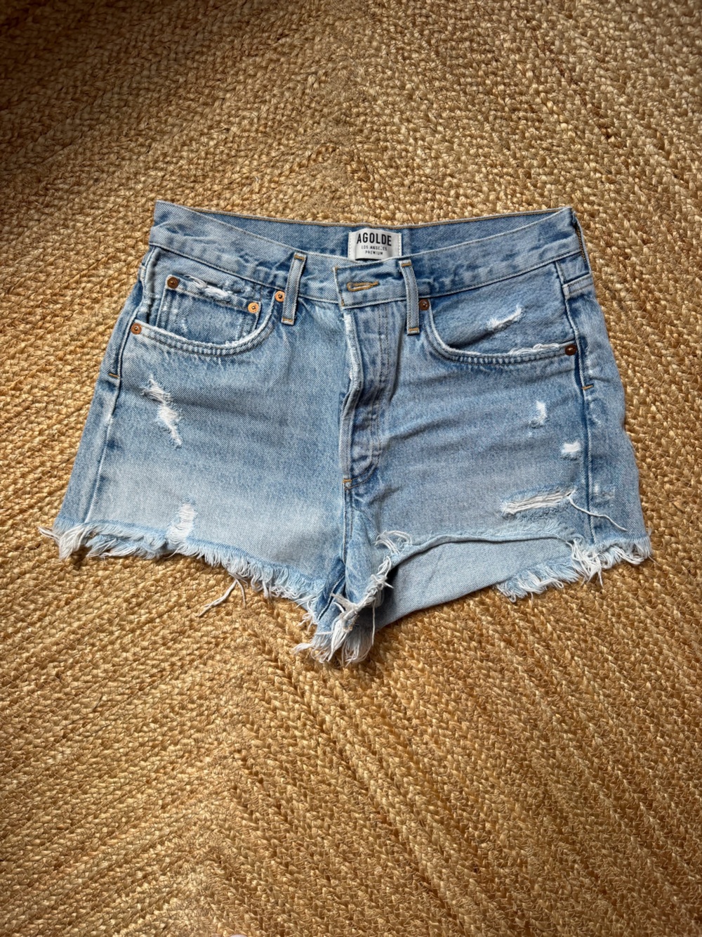 Agolde Light Wash Distressed Denim Cutoff Shorts